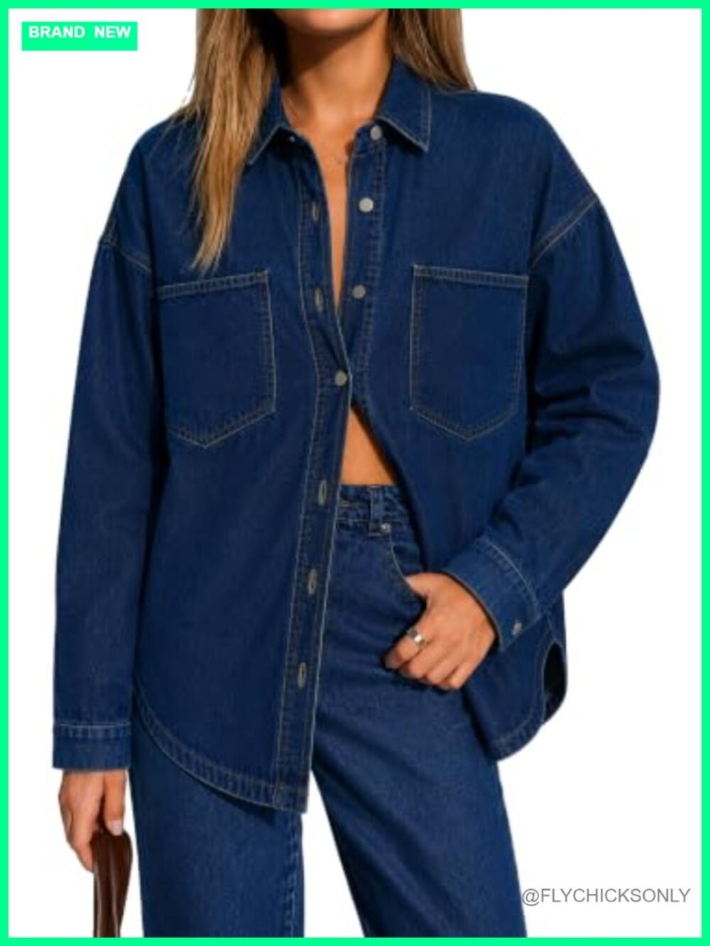 Oversized Denim Shacket Button Down Jacket with Pockets